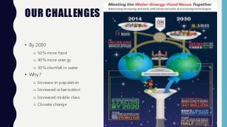 OUR CHALLENGES
Footer text here 2
• By 2030
o 50% more food
o 40% more energy
o 30% shortfall in water
• Why?
o Increase in population
o Increased urbanization
o Increased middle class
o Climate change
 
