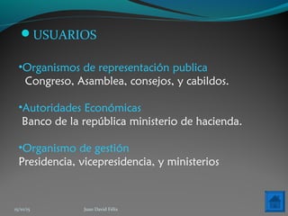 USUARIOS
•Organismos de representación publica
Congreso, Asamblea, consejos, y cabildos.
•Autoridades Económicas
Banco de la república ministerio de hacienda.
•Organismo de gestión
Presidencia, vicepresidencia, y ministerios
15/10/15 Juan David Félix
 