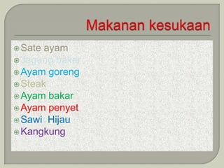 Sate ayam
Jagung bakar
Ayam goreng
Steak
Ayam bakar
Ayam penyet
Sawi Hijau
Kangkung
 
