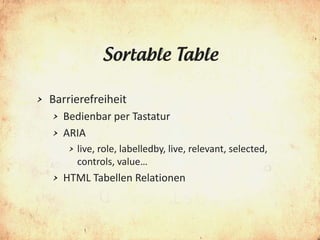 Sortable Table

>   Barrierefreiheit
    >   Bedienbar per Tastatur
    >   ARIA
         >   live, role, labelledby, live, relevant, selected,
             controls, value…
    >   HTML Tabellen Relationen
 
