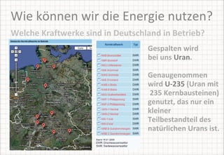 Wie können wir die Energie nutzen? Welche Kraftwerke sind in Deutschland in Betrieb? Gespalten wird bei uns  Uran . Genaugenommen wird  U-235  (Uran mit  235 Kernbausteinen) genutzt, das nur ein kleiner Teilbestandteil des natürlichen Urans ist. 
