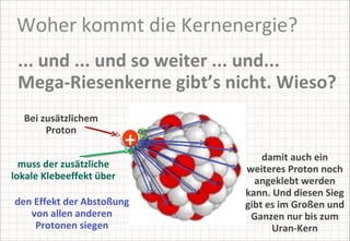 Woher kommt die Kernenergie? ... und ... und so weiter ... und...  Mega-Riesenkerne gibt’s nicht. Wieso?  Bei zusätzlichem Proton muss der zusätzliche lokale Klebeeffekt über den Effekt der Abstoßung von allen anderen Protonen siegen damit auch ein weiteres Proton noch angeklebt werden kann. Und diesen Sieg gibt es im Großen und Ganzen nur bis zum Uran-Kern + 