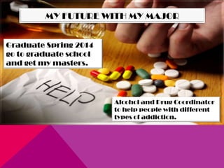 MY FUTURE WITH MY MAJOR


Graduate Spring 2014
go to graduate school
and get my masters.




                        Alcohol and Drug Coordinator
                        to help people with different
                        types of addiction.
 