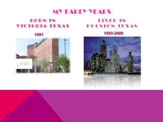MY EARLY YEARS
       BORN IN                  LIVED IN
V I C TO R I A T E X A S   H O U STO N T E X A S
        1991                      1993-2009
 
