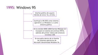 1995: Windows 95
Interfaz gráfica de usuario
híbrido de entre 16 y 32 bits.
Sustituyó a MS-DOS como sistema
operativo y a Windows 3.x como
entorno gráfico.
En la versión OSR2 (OEM Service Release 2)1
incorporó el sistema de archivos FAT32,
además del primer indicio del entonces
novedoso USB.
Se encuadra dentro de la familia
de sistemas operativos de
Microsoft denominada Windows 9x.
 