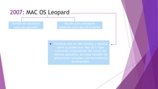 2007: MAC OS Leopard
Versión de escritorio
para uso personal
Versión para servidores
conocida como Mac OS X Server
 Contiene más de 300 cambios y mejoras
sobre su predecesor, Mac OS X Tiger,
cubriendo componentes del núcleo del
sistema operativo, así como también las
aplicaciones incluidas y las herramientas
de desarrollo.
 