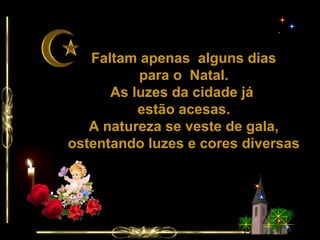 Faltam apenas alguns dias 
para o Natal. 
As luzes da cidade já 
estão acesas. 
A natureza se veste de gala, 
ostentando luzes e cores diversas 
 