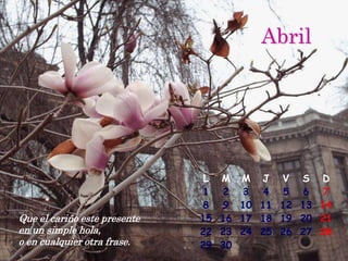 Abril




                               L M M J V S D
                               1 2 3 4 5 6 7
                               8 9 10 11 12 13 14
Que el cariño este presente   15 16 17 18 19 20 21
en un simple hola,            22 23 24 25 26 27 28
o en cualquier otra frase.    29 30
 