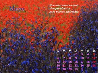 Que los corazones estén
Mayo   siempre abiertos
       para nuevas amistades.




             L   MM J   V  S D
                   1  2  3  4  5
            6   7  8  9 10 11 12
            13 14 15 16 17 18 19
            20 21 22 23 24 25 26
            27 28 29 30 31
 