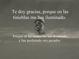 Te doy gracias, porque en las
tinieblas me has iluminado.
Porque en las caídas me has levantado
y has perdonado mis pecados.
 