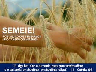 SEMEIE! POIS AQUILO QUE SEMEARMOS ISSO TAMBÉM COLHEREMOS "E digo isto: Que o que semeia pouco, pouco também ceifará; e o que semeia em abundância, em abundância ceifará."  II Coríntios 9:6 