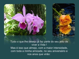 Tudo o que lhe desejo já faz parte do seu jeito de viver a Vida ! Mas é isso que almejo, com a maior intensidade, com toda a minha amizade, no seu aniversário e nos anos que virão:  