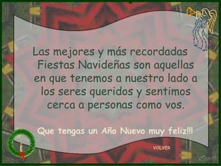 Las mejores y más recordadas
Fiestas Navideñas son aquellas
en que tenemos a nuestro lado a
los seres queridos y sentimos
cerca a personas como vos.
VOLVER
Que tengas un Año Nuevo muy feliz!!!
 