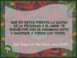 QUE EN ESTAS FIESTAS LA LLUVIAQUE EN ESTAS FIESTAS LA LLUVIA
DE LA FELICIDAD Y EL AMOR TEDE LA FELICIDAD Y EL AMOR TE
ENCUENTRE CON EL PARAGUAS ROTOENCUENTRE CON EL PARAGUAS ROTO
Y SALPIQUE A TODOS LOS TUYOS.Y SALPIQUE A TODOS LOS TUYOS.
VOLVER
Que tengas un Año Nuevo muy feliz!!!
 