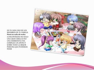 EN TI CADA UNO DE LOS
MIENBROS DE TU FAMILIA
Honō no naka de otaku
A ENCONTRADO NO SOLO
UNA GRAN AMIGA SI NO
UNA HERMANITA UNA
COMPLICE UN APOYO Y
SOBRE TODO LA MEJOR
PERSONA QUE PUDIERAN
PEDIR

 