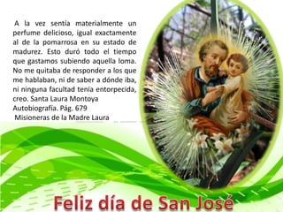 A la vez sentía materialmente un
perfume delicioso, igual exactamente
al de la pomarrosa en su estado de
madurez. Esto duró todo el tiempo
que gastamos subiendo aquella loma.
No me quitaba de responder a los que
me hablaban, ni de saber a dónde iba,
ni ninguna facultad tenía entorpecida,
creo. Santa Laura Montoya
Autobiografía. Pág. 679
Misioneras de la Madre Laura
 