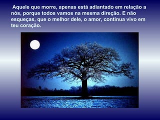 Aquele que morre, apenas está adiantado em relação a nós, porque todos vamos na mesma direção. E não esqueças, que o melhor dele, o amor, continua vivo em teu coração. 