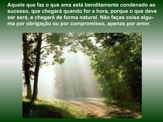 Aquele que faz o que ama está benditamente condenado ao sucesso, que chegará quando for a hora, porque o que deve ser será, e chegará de forma natural. Não faças coisa algu-ma por obrigação ou por compromisso, apenas por amor.  