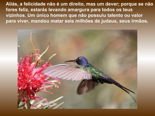 Aliás, a felicidade não é um direito, mas um dever; porque se não fores feliz, estarás levando amargura para todos os teus vizinhos. Um único homem que não possuiu talento ou valor para viver, mandou matar seis milhões de judeus, seus irmãos. 
