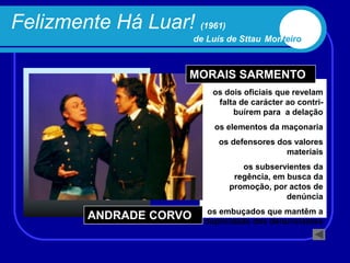 Felizmente Há Luar! (1961)
                         de Luís de Sttau Monteiro



                     MORAIS SARMENTO
                             os dois oficiais que revelam
                              falta de carácter ao contri-
                                  buírem para a delação
                             os elementos da maçonaria
                              os defensores dos valores
                                              materiais
                                    os subservientes da
                                  regência, em busca da
                                 promoção, por actos de
                                               denúncia
                            os embuçados que mantêm a
         ANDRADE CORVO     duplicidade dos denunciantes
 