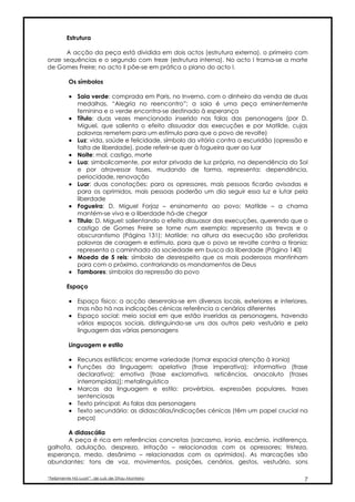 Estrutura

      A acção da peça está dividida em dois actos (estrutura externa), o primeiro com
onze sequências e o segundo com treze (estrutura interna). No acto I trama-se a morte
de Gomes Freire; no acto II põe-se em prática o plano do acto I.

          Os símbolos

          • Saia verde: comprada em Paris, no Inverno, com o dinheiro da venda de duas
            medalhas. “Alegria no reencontro”; a saia é uma peça eminentemente
            feminina e o verde encontra-se destinado à esperança
          • Título: duas vezes mencionado inserido nas falas das personagens (por D.
            Miguel, que salienta o efeito dissuador das execuções e por Matilde, cujas
            palavras remetem para um estímulo para que o povo de revolte)
          • Luz: vida, saúde e felicidade, símbolo da vitória contra a escuridão (opressão e
            falta de liberdade), pode referir-se quer à fogueira quer ao luar
          • Noite: mal, castigo, morte
          • Lua: simbolicamente, por estar privada de luz própria, na dependência do Sol
            e por atravessar fases, mudando de forma, representa: dependência,
            periocidade, renovação
          • Luar: duas conotações: para os opressores, mais pessoas ficarão avisadas e
            para os oprimidos, mais pessoas poderão um dia seguir essa luz e lutar pela
            liberdade
          • Fogueira: D. Miguel Forjaz – ensinamento ao povo; Matilde – a chama
            mantém-se viva e a liberdade há-de chegar
          • Titulo: D. Miguel: salientando o efeito dissuasor das execuções, querendo que o
            castigo de Gomes Freire se torne num exemplo; representa as trevas e o
            obscurantismo (Página 131); Matilde: na altura da execução são proferidas
            palavras de coragem e estímulo, para que o povo se revolte contra a tirania;
            representa a caminhada da sociedade em busca da liberdade (Página 140)
          • Moeda de 5 reis: símbolo de desrespeito que os mais poderosos mantinham
            para com o próximo, contrariando os mandamentos de Deus
          • Tambores: símbolos da repressão do povo

         Espaço

          • Espaço físico: a acção desenrola-se em diversos locais, exteriores e interiores,
            mas não há nas indicações cénicas referência a cenários diferentes
          • Espaço social: meio social em que estão inseridas as personagens, havendo
            vários espaços sociais, distinguindo-se uns dos outros pelo vestuário e pela
            linguagem das várias personagens

          Linguagem e estilo

          • Recursos estilísticos: enorme variedade (tomar espacial atenção à ironia)
          • Funções da linguagem: apelativa (frase imperativa); informativa (frase
            declarativa); emotiva [frase exclamativa, reticências, anacoluto (frases
            interrompidas)]; metalinguística
          • Marcas da linguagem e estilo: provérbios, expressões populares, frases
            sentenciosas
          • Texto principal: As falas das personagens
          • Texto secundário: as didascálias/indicações cénicas (têm um papel crucial na
            peça)

       A didascália
       A peça é rica em referências concretas (sarcasmo, ironia, escárnio, indiferença,
galhofa, adulação, desprezo, irritação – relacionadas com os opressores; tristeza,
esperança, medo, desânimo – relacionadas com os oprimidos). As marcações são
abundantes: tons de voz, movimentos, posições, cenários, gestos, vestuário, sons

“Felizmente Há Luar!”, de Luís de Sttau Monteiro                                          7
 