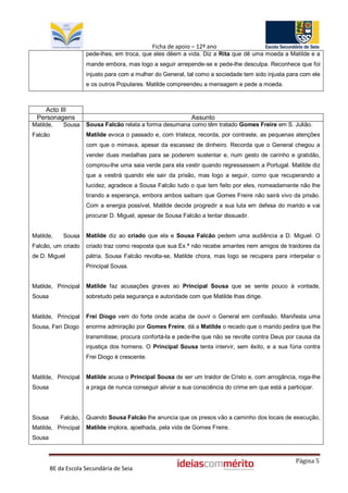Ficha de apoio – 12º ano
                     pede-lhes, em troca, que eles dêem a vida. Diz a Rita que dê uma moeda a Matilde e a
                     mande embora, mas logo a seguir arrepende-se e pede-lhe desculpa. Reconhece que foi
                     injusto para com a mulher do General, tal como a sociedade tem sido injusta para com ele
                     e os outros Populares. Matilde compreendeu a mensagem e pede a moeda.



   Acto III
 Personagens                                                 Assunto
Matilde,     Sousa   Sousa Falcão relata a forma desumana como têm tratado Gomes Freire em S. Julião.
Falcão               Matilde evoca o passado e, com tristeza, recorda, por contraste, as pequenas atenções
                     com que o mimava, apesar da escassez de dinheiro. Recorda que o General chegou a
                     vender duas medalhas para se poderem sustentar e, num gesto de carinho e gratidão,
                     comprou-lhe uma saia verde para ela vestir quando regressassem a Portugal. Matilde diz
                     que a vestirá quando ele sair da prisão, mas logo a seguir, como que recuperando a
                     lucidez, agradece a Sousa Falcão tudo o que tem feito por eles, nomeadamente não lhe
                     tirando a esperança, embora ambos saibam que Gomes Freire não sairá vivo da prisão.
                     Com a energia possível, Matilde decide progredir a sua luta em defesa do marido e vai
                     procurar D. Miguel, apesar de Sousa Falcão a tentar dissuadir.


Matilde,     Sousa   Matilde diz ao criado que ela e Sousa Falcão pedem uma audiência a D. Miguel. O
Falcão, um criado    criado traz como resposta que sua Ex.ª não recebe amantes nem amigos de traidores da
de D. Miguel         pátria. Sousa Falcão revolta-se, Matilde chora, mas logo se recupera para interpelar o
                     Principal Sousa.


Matilde, Principal   Matilde faz acusações graves ao Principal Sousa que se sente pouco à vontade,
Sousa                sobretudo pela segurança e autoridade com que Matilde lhas dirige.


Matilde, Principal   Frei Diogo vem do forte onde acaba de ouvir o General em confissão. Manifesta uma
Sousa, Feri Diogo    enorme admiração por Gomes Freire, dá a Matilde o recado que o marido pedira que lhe
                     transmitisse, procura confortá-la e pede-lhe que não se revolte contra Deus por causa da
                     injustiça dos homens. O Principal Sousa tenta intervir, sem êxito, e a sua fúria contra
                     Frei Diogo é crescente.


Matilde, Principal   Matilde acusa o Principal Sousa de ser um traidor de Cristo e, com arrogância, roga-lhe
Sousa                a praga de nunca conseguir aliviar a sua consciência do crime em que está a participar.




Sousa      Falcão,   Quando Sousa Falcão lhe anuncia que os presos vão a caminho dos locais de execução,
Matilde, Principal   Matilde implora, ajoelhada, pela vida de Gomes Freire.
Sousa


                                                                                                     Página 5
        BE da Escola Secundária de Seia
 