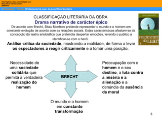 5
| Português – 12º ano | Felizmente há Luar, de Luis Sttau Monteiro
Dina Baptista | www.sebentadigital.com
EB 2,3/S de Vale de Cambra
20092010
CLASSIFICAÇÃO LITERÁRIA DA OBRA
Drama narrativo de carácter épico
De acordo com Brecht, Sttau Monteiro pretende representar o mundo e o homem em
constante evolução de acordo com as relações sociais. Estas características afastam-se da
concepção do teatro aristotélico que pretendia despertar emoções, levando o publico a
identificar-se com o herói.
Análise crítica da sociedade, mostrando a realidade, de forma a levar
os espectadores a reagir criticamente e a tomar uma posição.
BRECHT
O mundo e o homem
em constante
transformação
Preocupação com o
homem e o seu
destino, a luta contra
a miséria e a
alienação e a
denúncia da ausência
de moral
Necessidade de
uma sociedade
solidária que
permita a verdadeira
realização do
homem
 