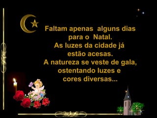 Faltam apenas  alguns dias para o  Natal. As luzes da cidade já  estão acesas. A natureza se veste de gala, ostentando luzes e  cores diversas... 