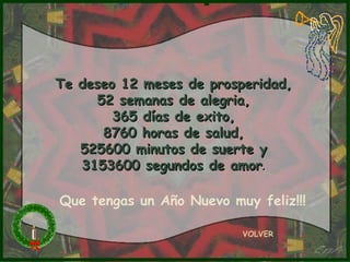 Te deseo 12 meses de prosperidad, 52 semanas de alegria, 365 días de exito, 8760 horas de salud, 525600 minutos de suerte y 3153600 segundos de amor . VOLVER Que tengas un Año Nuevo muy feliz!!! 