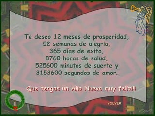 Te deseo 12 meses de prosperidad,
     52 semanas de alegria,
        365 días de exito,
      8760 horas de salud,
   525600 minutos de suerte y
   3153600 segundos de amor.

Que tengas un Año Nuevo muy feliz!!!

                          VOLVER
 