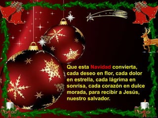 Que esta Navidad convierta,
cada deseo en flor, cada dolor
en estrella, cada lágrima en
sonrisa, cada corazón en dulce
morada, para recibir a Jesús,
nuestro salvador.
 
