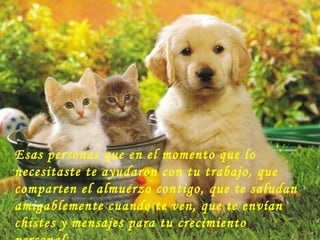 Esas personas que en el momento que lo necesitaste te ayudaron con tu trabajo, que comparten el almuerzo contigo, que te saludan amigablemente cuando te ven, que te envían chistes y mensajes para tu crecimiento personal. 