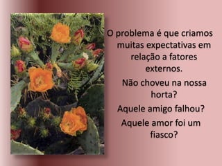 O problema é que criamos
muitas expectativas em
relação a fatores
externos.
Não choveu na nossa
horta?
Aquele amigo falhou?
Aquele amor foi um
fiasco?
 