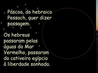 Páscoa, do hebraico
Pessach, quer dizer
passagem.
Os hebreus
passaram pelas
águas do Mar
Vermelho, passaram
do cativeiro egípcio
à liberdade sonhada.
 