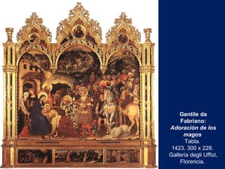 Gentile da Fabriano:  Adoración de los magos  Tabla.  1423. 300 x 228.  Galleria degli Uffizi, Florencia.  