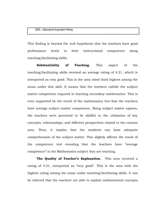 DER – Descriptive Equivalent Rating

This finding is beyond the null hypothesis that the teachers have good
performance

levels

in

their

instructional

competence

along

teaching/facilitating skills.
Substantiality

of

Teaching.

This

aspect

of

the

teaching/facilitating skills received an average rating of 4.21, which is
interpreted as very good. This is the area rated third highest among the
areas under this skill. It means that the teachers exhibit the subject
matter competence required in teaching secondary mathematics. This is
even supported by the result of the mathematics test that the teachers
have average subject matter competence. Being subject matter experts,
the teachers were perceived to be skillful in the utilization of key
concepts, relationships, and different perspectives related to the content
area.

Thus,

it

implies

that

the

students

can

have

adequate

comprehension of the subject matter. This slightly affirms the result of
the

competence

test

revealing

that

the

teachers

have

―average

competence‖ in the Mathematics subject they are teaching.
The Quality of Teacher’s Explanation.

This area received a

rating of 4.31, interpreted as ―very good‖. This is the area with the
highest rating among the areas under teaching/facilitating skills. It can
be inferred that the teachers are able to explain mathematical concepts

 