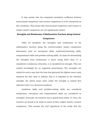 It also reveals that the computed correlation coefficient between
instructional competence and content competence is 0.38, interpreted as
low correlation. This means that instructional competence and content or
subject matter competence are not significantly related.
Strengths and Weaknesses of Mathematics Teachers Along Content
Competence
Table

23

manifests

the

strengths

and

weaknesses

of

the

mathematics teachers along the content/subject matter competence
dimensions such as conceptual skills, analytical/reasoning skills,
computational skills and problem-solving skills. As basis for determining
the strengths from weaknesses, a mean rating lower than 17 is
considered a weakness; otherwise, it is considered as strength. They are
ranked accordingly for an organized presentation. The strengths are
ranked in such a way that the item that garnered the highest mean value
obtained the first rank to indicate that it is regarded as the foremost
strength; the lowest mean value under the strength is ranked first
indicative that it is a foremost weakness.
Analytical

skills

and

problem-solving

skills

are

considered

weaknesses; conceptual and computational skills are considered as
strengths. Generally, the teachers have a grand mean below 17; thus, the
teachers are found to be weak in terms of their subject matter/ content
competence. This accepts the null hypothesis of the study that the

 