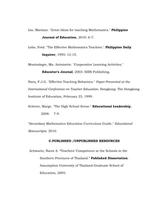 Lee, Mariano. "Great Ideas for teaching Mathematics." Philippine
Journal of Education, 2010: 6-7.
Lobo, Fred. "The Effective Mathematics Teacheer." Philippine Daily
Inquirer, 1995: 12-15.
Montealegre, Ma. Antoinette. "Cooperative Learning Activities."
Educator's Journal, 2003: SIBS Publishing.
Nava, F.J.G. "Effective Teaching Behaviors." Paper Presented at the
International Conference on Teacher Education. Hongkong: The Hongkong
Institute of Education, February 23, 1999.
Scherer, Marge. "The High School Scene." Educational Leadership,
2008:

7-9.

"Secondary Mathematics Education Curriculum Guide." Educational
Manuscripts. 2010.
C.PUBLISHED /UNPUBLISHED RESOURCES
Achwarin, Naree A. ―Teachers‘ Competence at the Schools in the
Southern Provinces of Thailand.‖ Published Dissertation.
Assumption University of Thailand-Graduate School of
Education, 2005.

 