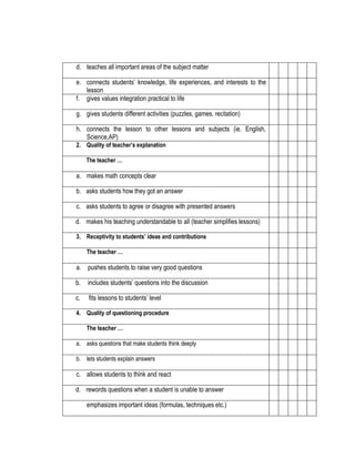 d. teaches all important areas of the subject matter
e. connects students’ knowledge, life experiences, and interests to the
lesson
f. gives values integration practical to life
g. gives students different activities (puzzles, games, recitation)
h. connects the lesson to other lessons and subjects (ie. English,
Science,AP)
2. Quality of teacher’s explanation
The teacher …

a. makes math concepts clear
b. asks students how they got an answer
c. asks students to agree or disagree with presented answers
d. makes his teaching understandable to all (teacher simplifies lessons)
3. Receptivity to students’ ideas and contributions
The teacher …

a. pushes students to raise very good questions
b.

includes students’ questions into the discussion

c.

fits lessons to students’ level

4. Quality of questioning procedure
The teacher …
a. asks questions that make students think deeply
b. lets students explain answers

c. allows students to think and react
d. rewords questions when a student is unable to answer
e.

emphasizes important ideas (formulas, techniques etc.)

 