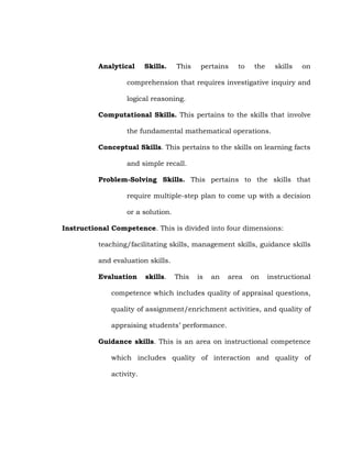 Analytical

Skills.

This

pertains

to

the

skills

on

comprehension that requires investigative inquiry and
logical reasoning.
Computational Skills. This pertains to the skills that involve
the fundamental mathematical operations.
Conceptual Skills. This pertains to the skills on learning facts
and simple recall.
Problem-Solving Skills. This pertains to the skills that
require multiple-step plan to come up with a decision
or a solution.
Instructional Competence. This is divided into four dimensions:
teaching/facilitating skills, management skills, guidance skills
and evaluation skills.
Evaluation

skills.

This

is

an

area

on

instructional

competence which includes quality of appraisal questions,
quality of assignment/enrichment activities, and quality of
appraising students‘ performance.
Guidance skills. This is an area on instructional competence
which includes quality of interaction and quality of
activity.

 