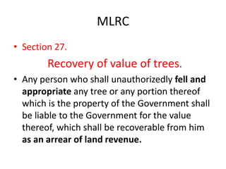 MLRC 
• Section 27. 
Recovery of value of trees. 
• Any person who shall unauthorizedly fell and 
appropriate any tree or any portion thereof 
which is the property of the Government shall 
be liable to the Government for the value 
thereof, which shall be recoverable from him 
as an arrear of land revenue. 
 