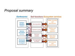Vertical
burrowers
(anecic)
Horizontal
burrowers
(endogeic)
Decomposition
Surface
dwellers
(epigeic)
Nutrient cycling
Soil pore
creation
Soil aggregate
formation
Water recycling
and
detoxification
Water flow
regulation
Carbon and
nutrient
regulation
Soil structure
and
maintenance
Earthworms Soil functions Ecosystem services
Proposal summary
 