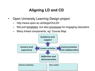 Aligning LD and CD

•    Open University Learning Design project
     –  http://www.open.ac.uk/blogs/OULDI/
     –  Not just templates, but also processes for engaging educators
     –  Many linked components, eg: Course Map
 