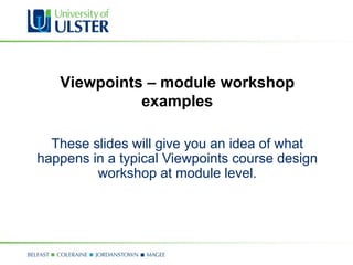 Viewpoints – module workshop
             examples

  These slides will give you an idea of what
happens in a typical Viewpoints course design
         workshop at module level.
 