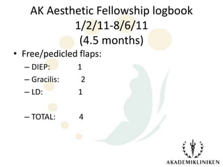 AK Aesthetic Fellowship logbook
            1/2/11-8/6/11
             (4.5 months)
• Free/pedicled flaps:
  – DIEP:       1
  – Gracilis:    2
  – LD:         1

  – TOTAL:      4
 