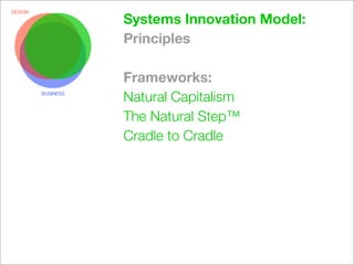 DESIGN

                    Systems Innovation Model:
                    Principles

                    Frameworks:
         BUSINESS
                    Natural Capitalism
                    The Natural Step™
                    Cradle to Cradle
 