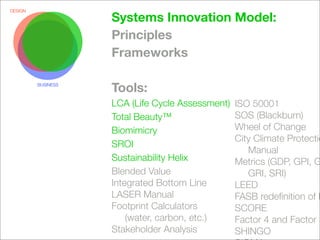 DESIGN

                    Systems Innovation Model:
                    Principles
                    Frameworks

         BUSINESS
                    Tools:
                    LCA (Life Cycle Assessment)   ISO 50001
                    Total Beauty™                 SOS (Blackburn)
                    Biomimicry                    Wheel of Change
                                                  City Climate Protectio
                    SROI
                                                     Manual
                    Sustainability Helix          Metrics (GDP, GPI, G
                    Blended Value                    GRI, SRI)
                    Integrated Bottom Line        LEED
                    LASER Manual                  FASB redeﬁnition of P
                    Footprint Calculators         SCORE
                        (water, carbon, etc.)     Factor 4 and Factor 1
                    Stakeholder Analysis          SHINGO
 