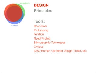 SUSTAINABILITY

                            DESIGN
                            Principles

                            Tools:
BUSINESS
                            Deep Dive
                            Prototyping
                            Iteration
                            Need Finding
                            Ethnographic Techniques
                            Critique
                            IDEO Human-Centered Design Toolkit, etc.
 