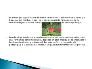 El interés por la protección del medo ambiente esta centrado en la salud y el bienestar del hombre, el cual es el agente causante fundamental de la continua degradación del medio y, al mismo tiempo, la victima principal.Pero la adopción de una actitud consiente ante el medo que nos rodea, y del cual formamos parte indisoluble, depende en gran medida de la enseñanza y la educación de neis y la juventud. Por esta razón, corresponde a la pedagogía y a la escuela desempeñar un papel fundamental en este proceso