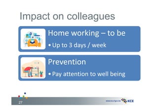 Impact on colleagues
Home working – to be
•Up to 3 days / week
Prevention
•Pay attention to well being
27
 